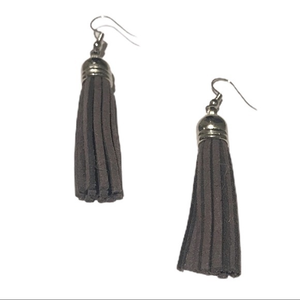 Handmade grey leather‎ tassel silver tone alloy & surgical steel hook earrings